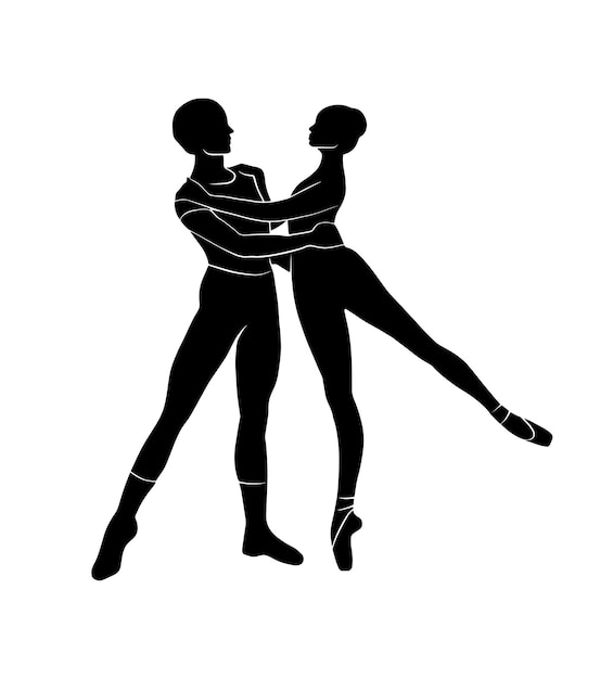 Ilustración vectorial con pareja de bailarines de ballet Forma de sombra de cuerpo de hombre y mujer joven aislada sobre fondo blanco Diseño de logotipo de estudio de ballet