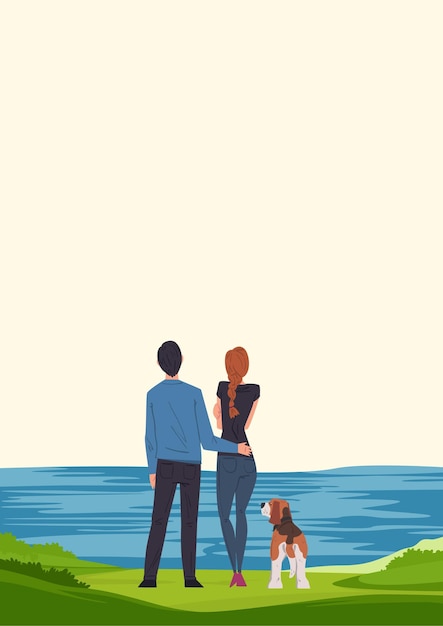 Ilustración vectorial de una pareja mirando la vista del agua con un perro