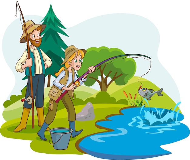 ilustración vectorial de pareja pescando