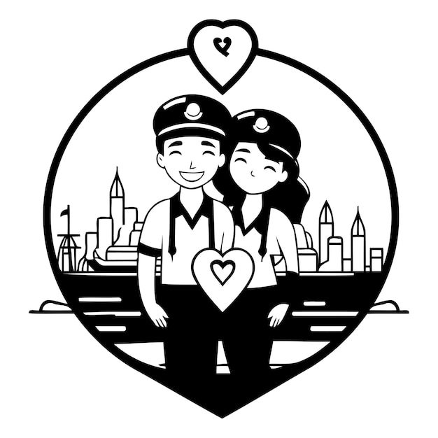 Vector ilustración vectorial de una pareja de policías en el fondo de la ciudad