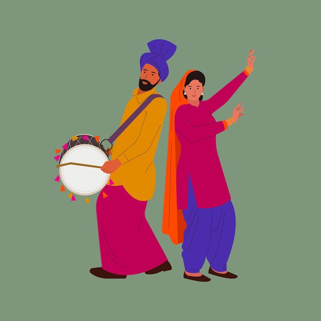 Ilustración vectorial de una pareja de Punjabi bailando para el cartel de invitación