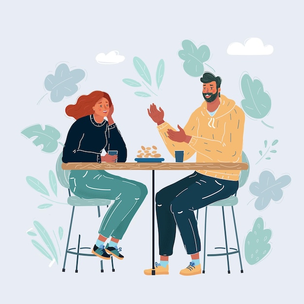 Ilustración vectorial de una pareja sentada en un café coqueteando y hablando de algo