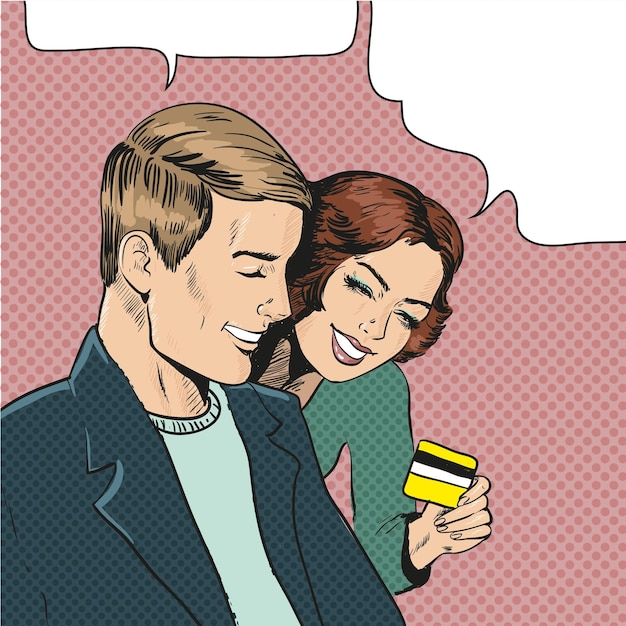 Vector ilustración vectorial de una pareja sonriente en estilo cómico de arte pop retro mujer con tarjeta de crédito y mostrándola a su compañero burbujas de habla