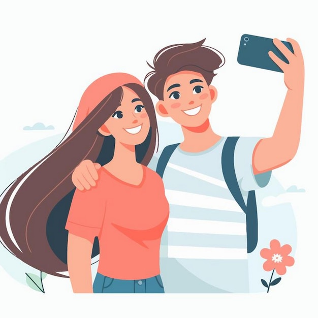 Vector ilustración vectorial de una pareja tomando selfies en estilo de diseño plano