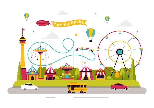 Ilustración vectorial de parques temáticos con un parque de atracciones con una rueda gigante, cabinas de juegos divertidos, una caja de boletos y puestos de ferias comerciales en el fondo