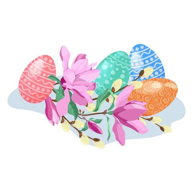 Ilustración vectorial de Pascua de huevos de Pascua, ramas de sauce y flores de magnolia