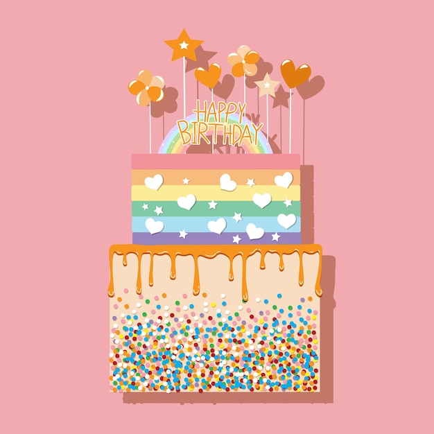 Vector ilustración vectorial de un pastel de capas de cumpleaños en tono de arco iris