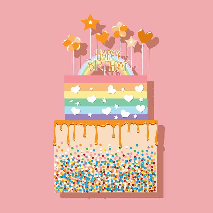 Vector ilustración vectorial de un pastel de capas de cumpleaños en tono de arco iris