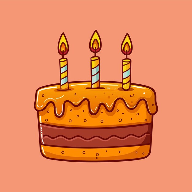 Ilustración vectorial de un pastel lindo con tres velas con un estilo de dibujos animados juguetón