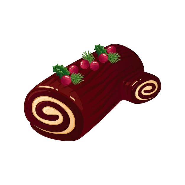 Vector ilustración vectorial de pastel de tronco de chocolate de navidad pastel tradicional de navidad aislado sobre fondo blanco elemento de postre dulce decorativo detallado para patrones de vacaciones diseños de envasado