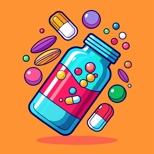 Vector ilustración vectorial de pastillas de colores derramadas por botellas de medicina
