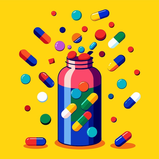 Ilustración vectorial de pastillas de colores derramadas por botellas de medicina