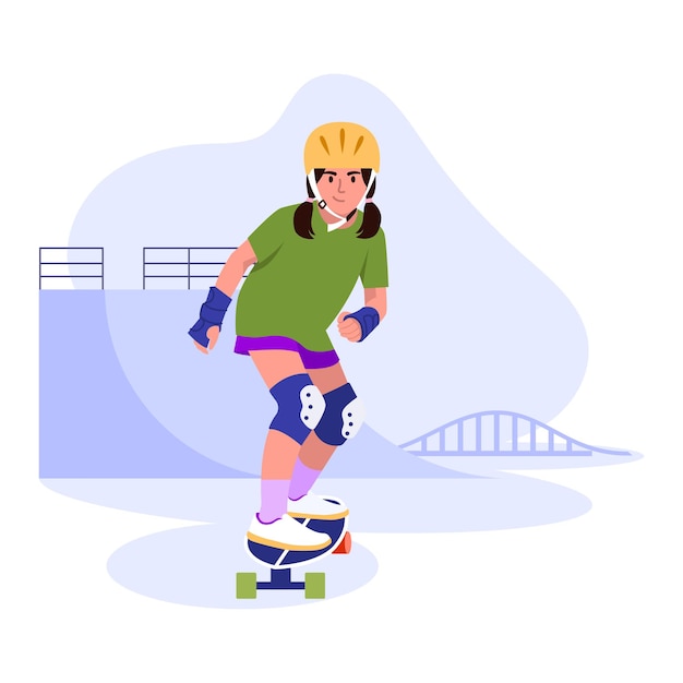 Ilustración vectorial de patinadores Escena de dibujos animados con una chica que monta patineta vestida con protección en un parque de patinaje sobre fondo blanco