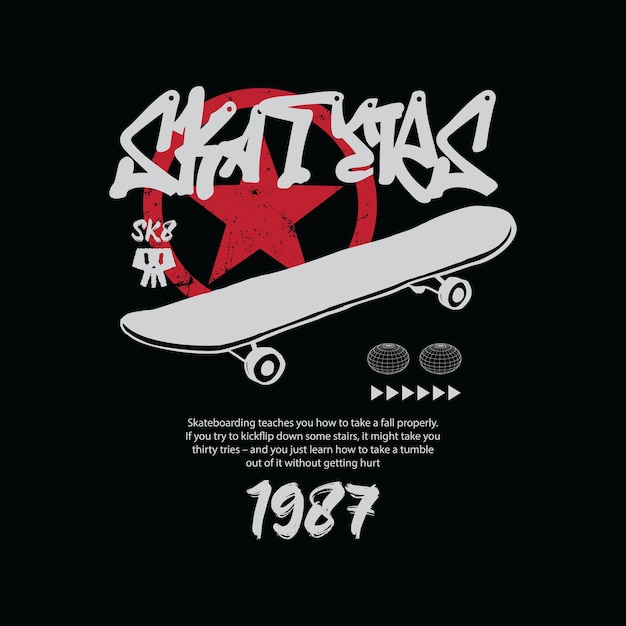 Ilustración vectorial de patineta y tipografía perfecta para camisetas con capucha, impresiones, etc.