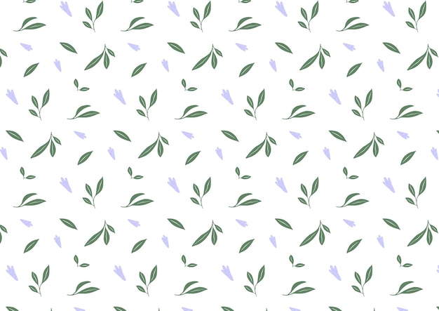 Ilustración vectorial de un patrón botánico sin costuras con hojas verdes suaves y pequeñas flores azules