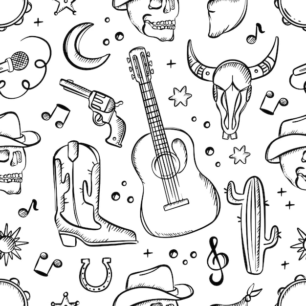 Vector ilustración vectorial del patrón sin costuras de cowboy fest monocrome