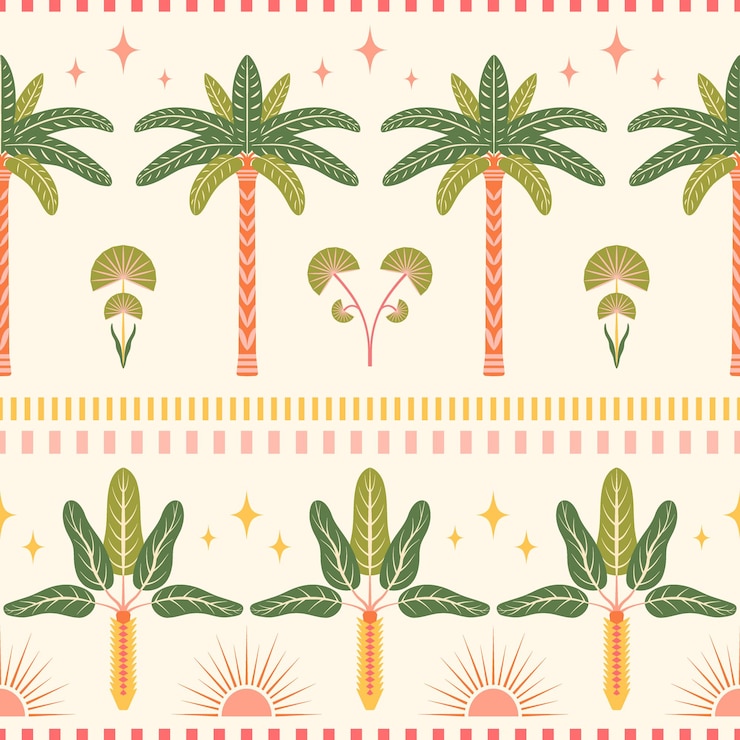 Vector ilustración vectorial de patrón sin costuras de frontera tropical diseño de verano horizontal con palmeras y estrellas