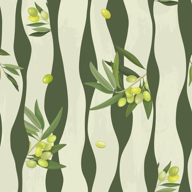 Ilustración vectorial de un patrón sin costuras de líneas verticales sinuosas y ramas de olivo y frutas Envoltura de embalaje o tela con geometría de adorno de oliva