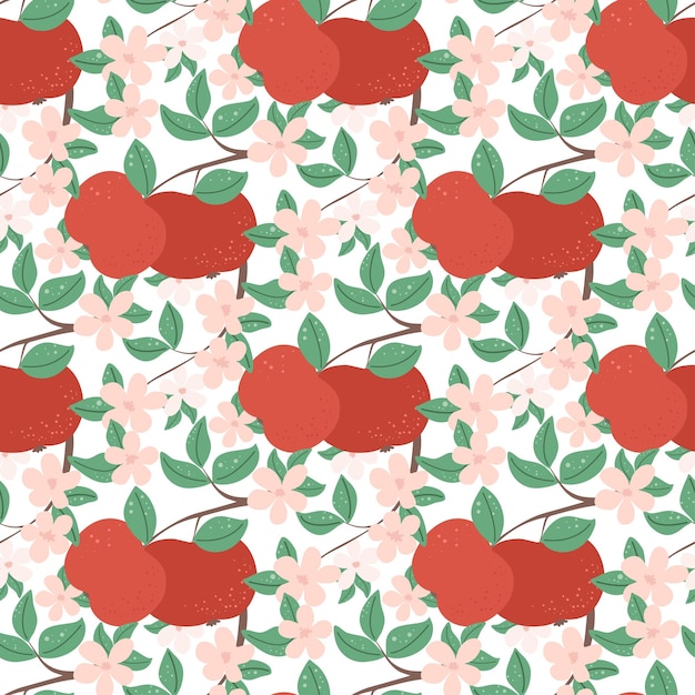 Vector ilustración vectorial del patrón sin costuras de la manzana en flor deliciosas flores rosadas follaje