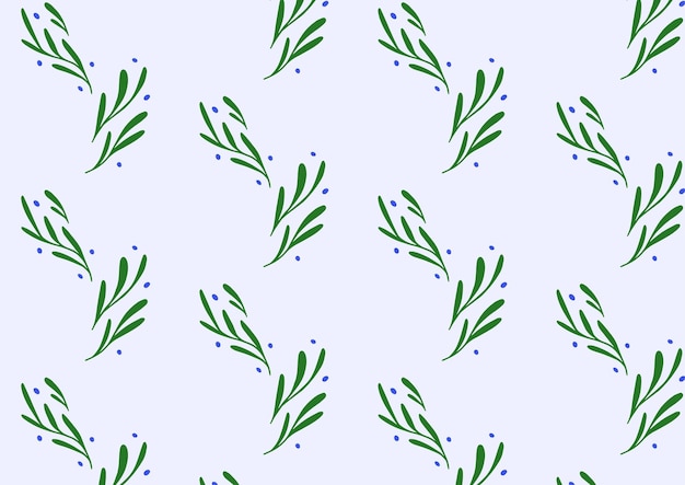 Ilustración vectorial de un patrón floral sin costuras con hojas verdes delicadas y flores azules suaves