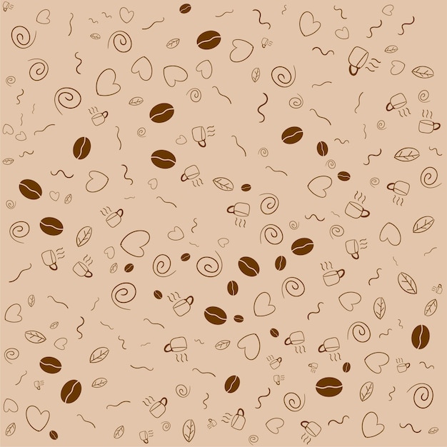 ilustración vectorial del patrón de granos de café, incluido un boceto de café sin costuras sobre fondo crema