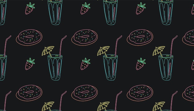 Ilustración vectorial Patrón lineal con rosquillas de neón con cóctel de chispas con paraguas y fresas sobre un fondo negro