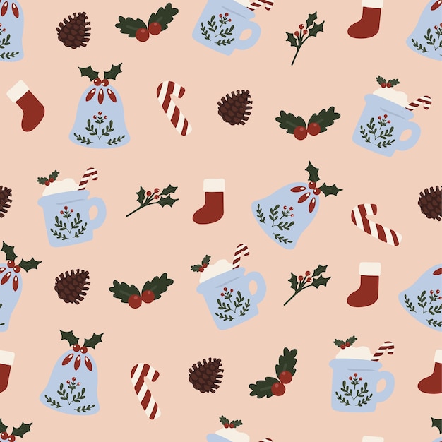 Ilustración vectorial de patrones sin costura dibujados a mano de lindos elementos navideños vacaciones de invierno