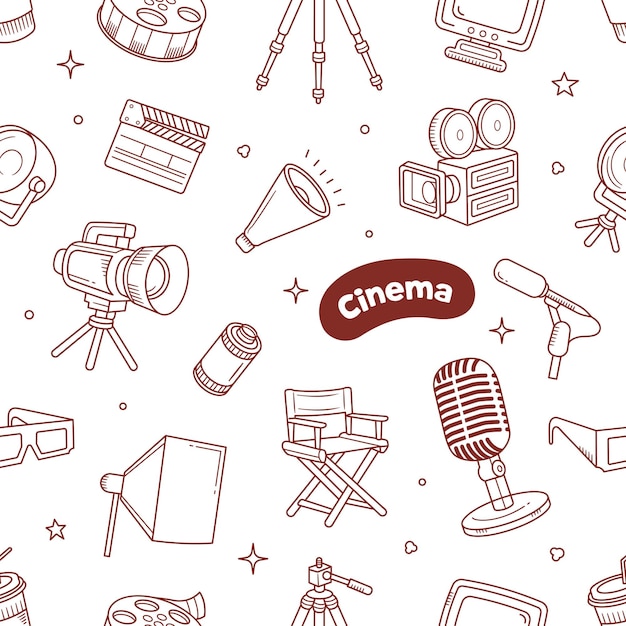 Ilustración vectorial de patrones sin costuras del contorno de los objetos del cine y las películas