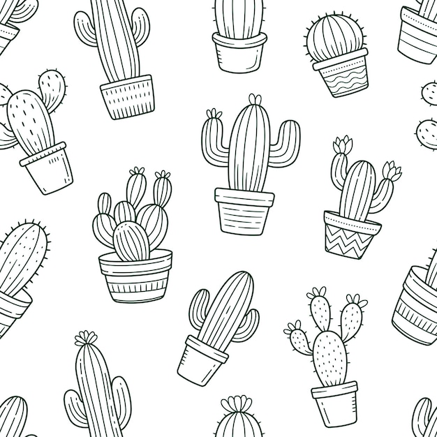 Ilustración vectorial de patrones sin costuras dibujados a mano por plantas de cactus