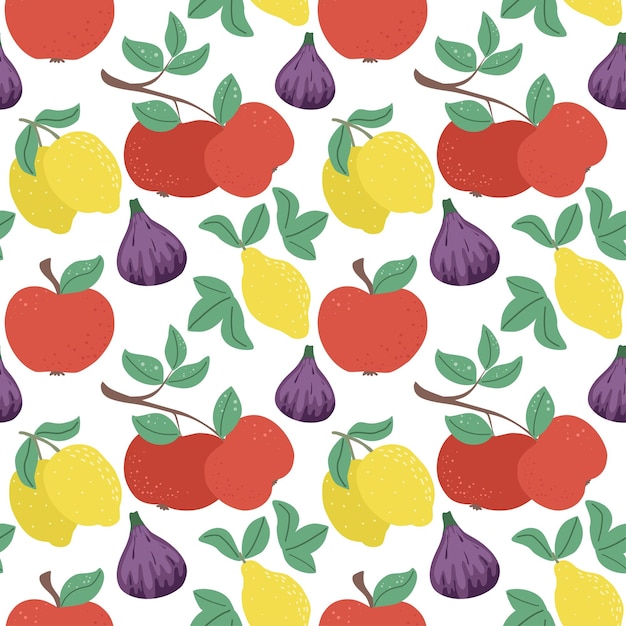 Ilustración vectorial de patrones sin costuras de frutas de verano Fondo con manzanas, limones e higos