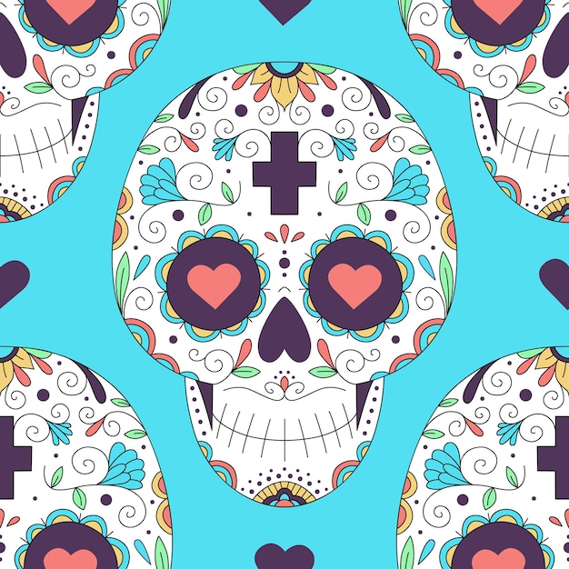 Vector ilustración vectorial de patrones sin fisuras y flores con calaveras para el día de los muertos calavera de azúcar colores psicodélicos hippie