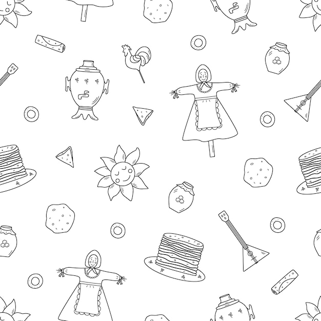 Ilustración vectorial de patrones sin fisuras de iconos de la tradicional fiesta rusa Maslenitsa. Fondo interminable de elementos del día del panqueque.