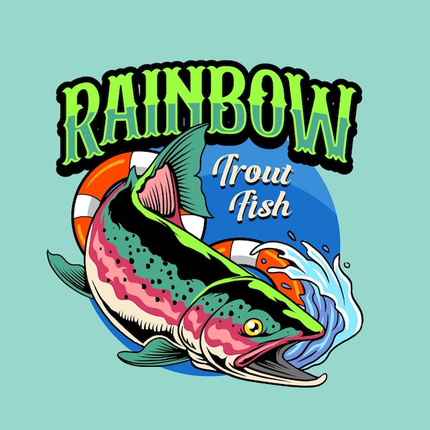 Ilustración vectorial de peces de trucha arco iris con neumático flotante y olas con ilustración vintage