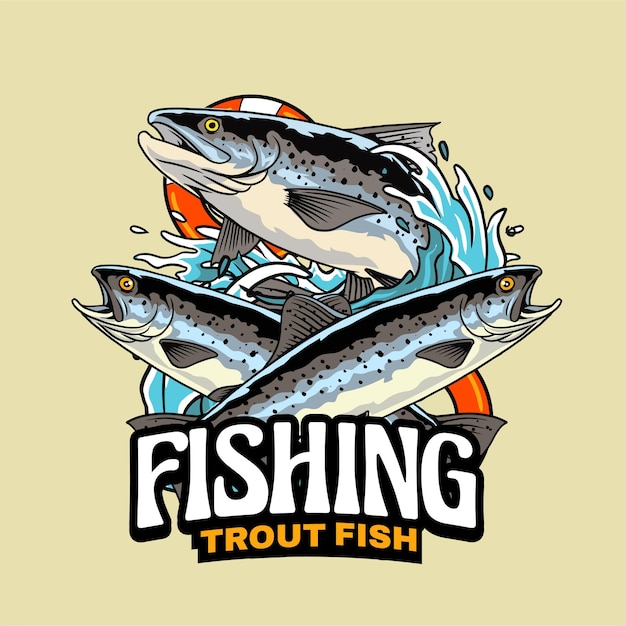 Ilustración vectorial de peces de trucha de cabeza de acero con neumático flotante y olas con ilustración vintage
