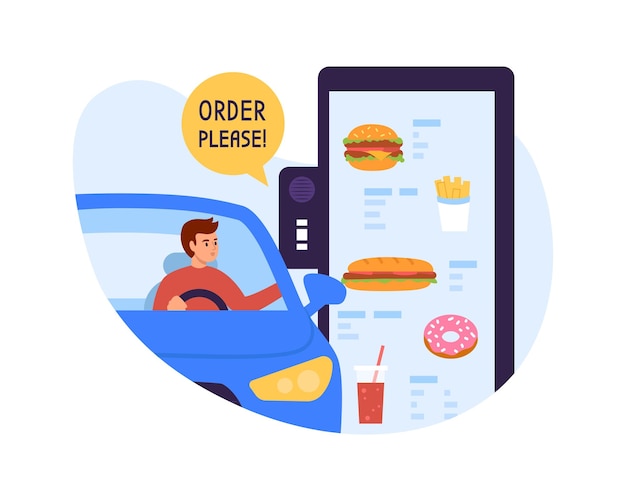 Ilustración vectorial de pedir comida a través de una ventana de entrada Escena de dibujos animados con un tipo en un coche pidiendo comida a través la ventana y diciendo orden por favor aislado en fondo blanco comida rápida