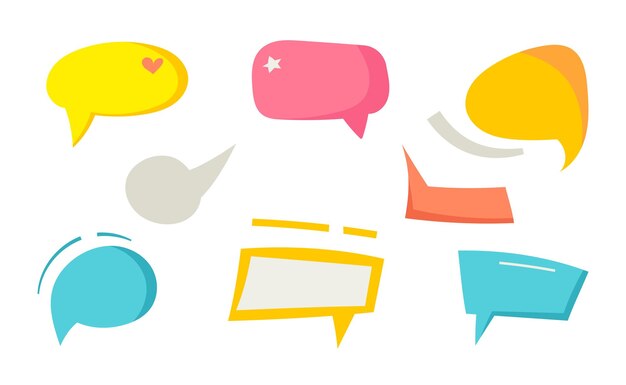 Ilustración vectorial de pegatinas de colores en un diseño plano Conjunto dibujado a mano de burbujas de discurso garabateadas