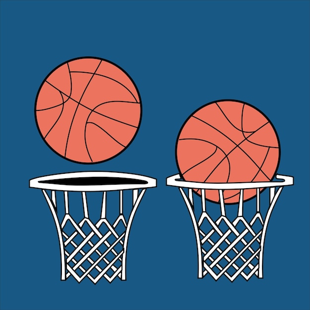 Ilustración vectorial de la pelota de baloncesto en un aro
