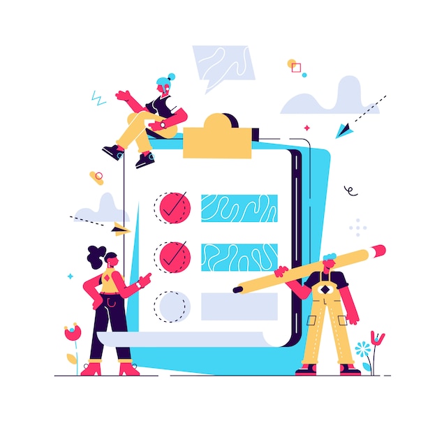 Ilustración vectorial, pequeñas personas completan un formulario, concepto moderno