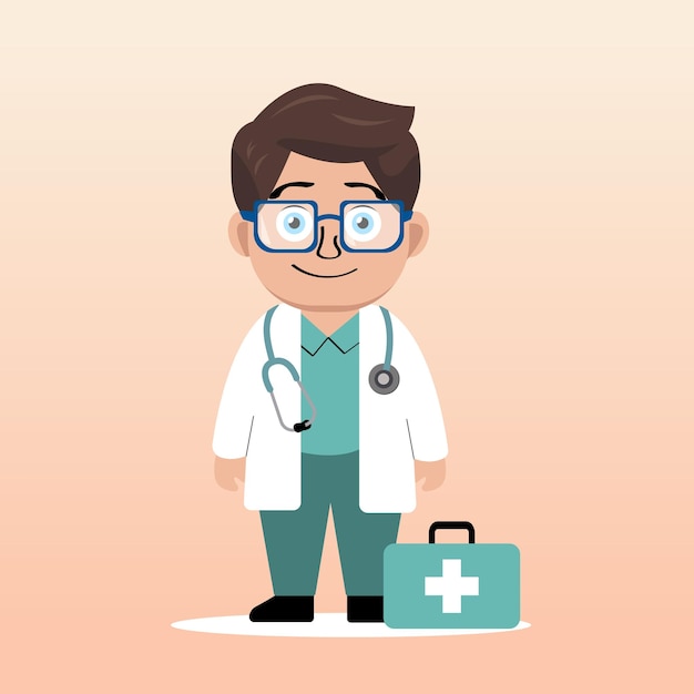 Ilustración vectorial de un pequeño médico en gafas con un estetoscopio y una farmacia