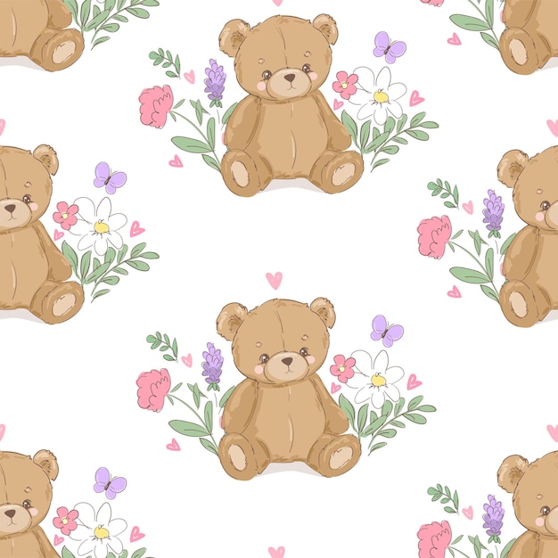 Ilustración vectorial de un pequeño oso de peluche dibujado a mano Imprime un patrón sin costuras