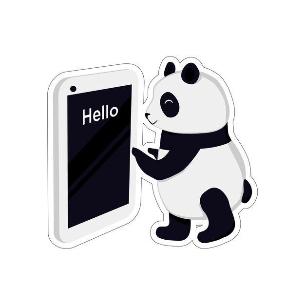 Ilustración vectorial con un pequeño panda lindo que se encuentra junto a un enorme teléfono inteligente y escribe hola Pegatina o icono con panda