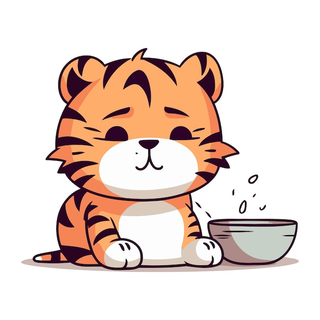 Ilustración vectorial de un pequeño tigre lindo con un plato de avena
