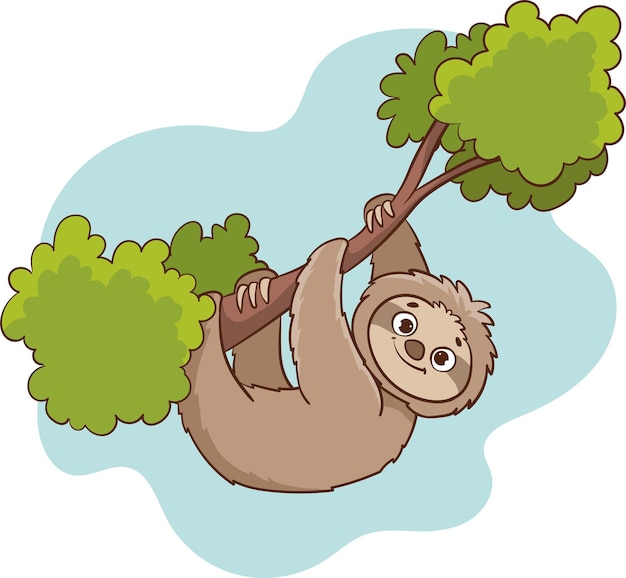 Ilustración vectorial de un perezoso lindo colgando de una rama de un árbol