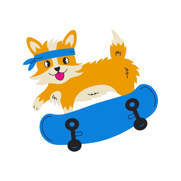 Vector ilustración vectorial de un perro corgi montado en una patineta