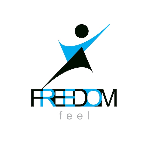 Ilustración vectorial de una persona abstracta emocionada con las manos levantadas. Símbolo conceptual de la libertad. Logotipo de la metáfora de la felicidad. Emblema creativo de la idea de innovación empresarial.