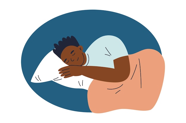 Ilustración vectorial de una persona durmiendo pacíficamente con almohada y manta por la noche dibujos animados planos