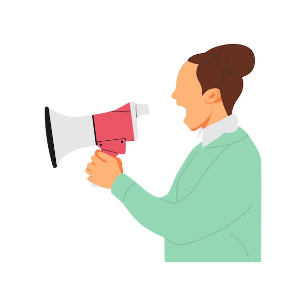 Ilustración vectorial de una persona gritando a través de un altavoz de megáfono