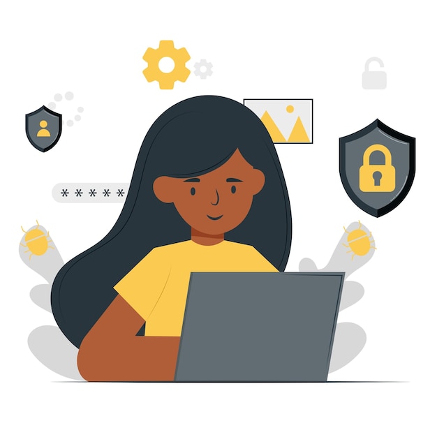 Ilustración vectorial de una persona sentada frente a una computadora y realizando trabajo de ciberseguridad