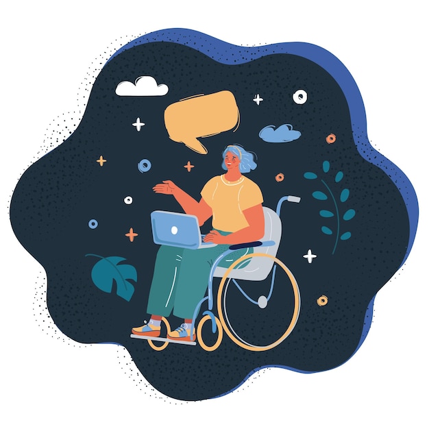 Ilustración vectorial de una persona en silla de ruedas Mujer con discapacidad trabajando en una computadora portátil