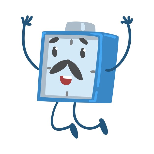 Ilustración vectorial del personaje del despertador azul saltando con los brazos levantados